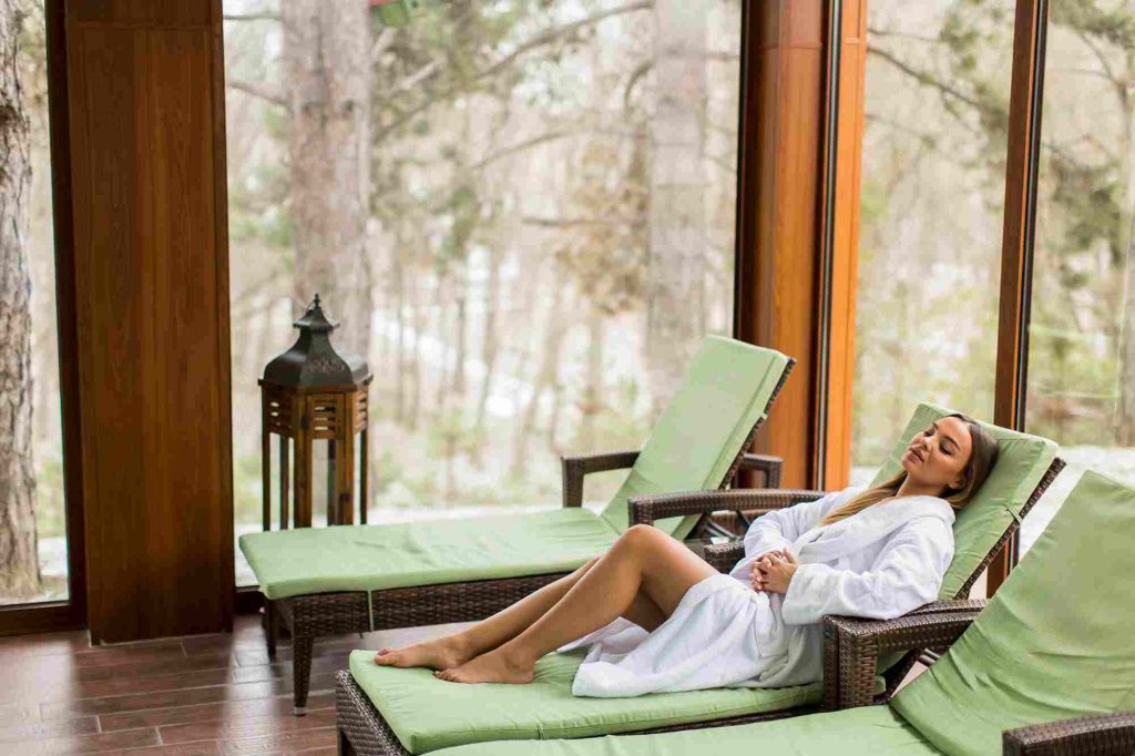 spa like retreat with natural wood